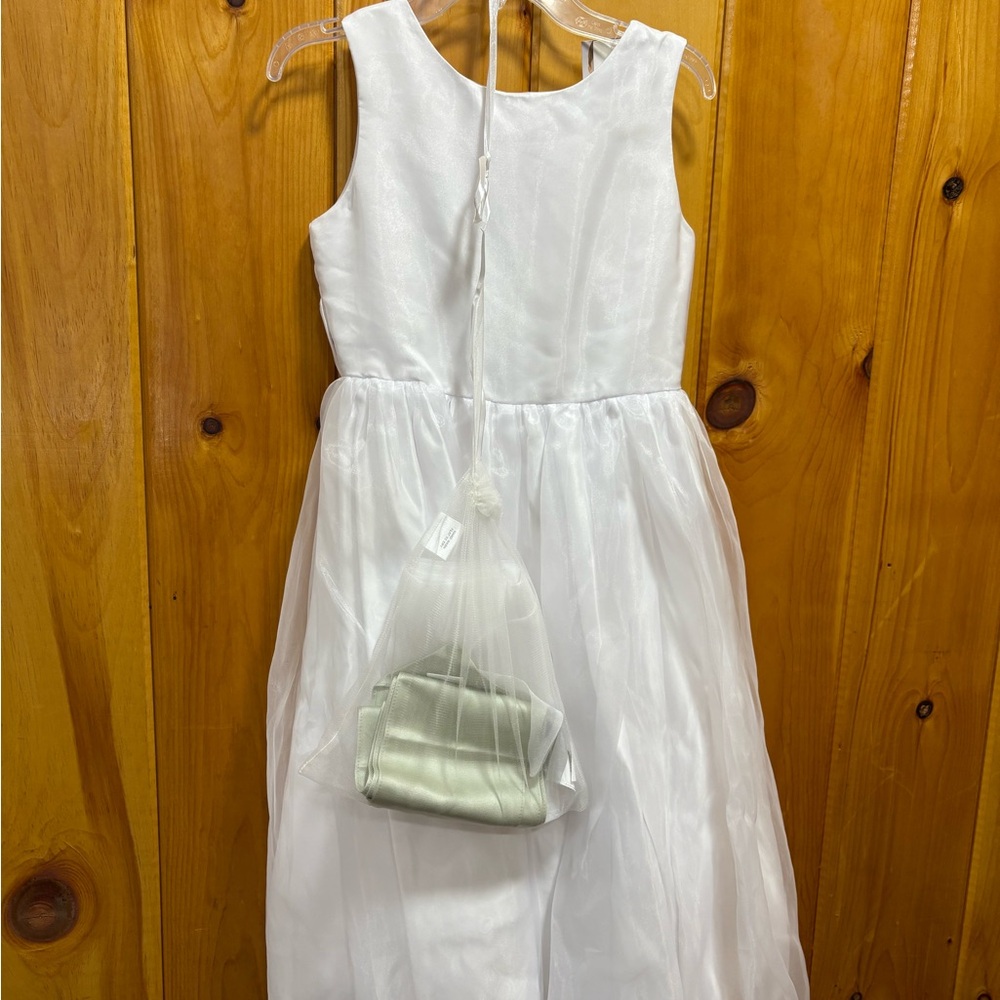 Elegant White Sleeveless Dress with green satin sash